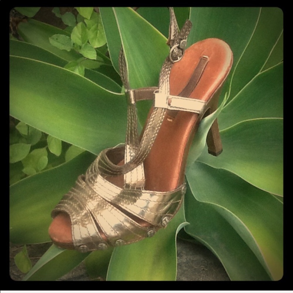 BCBG MAX AZRIA pewter metallic slingback cross strap studded heels